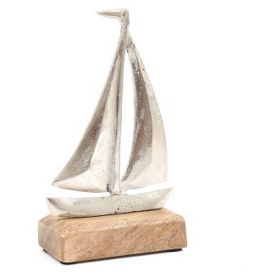 Nautical Metal Boat Ornament Wooden Base - silver