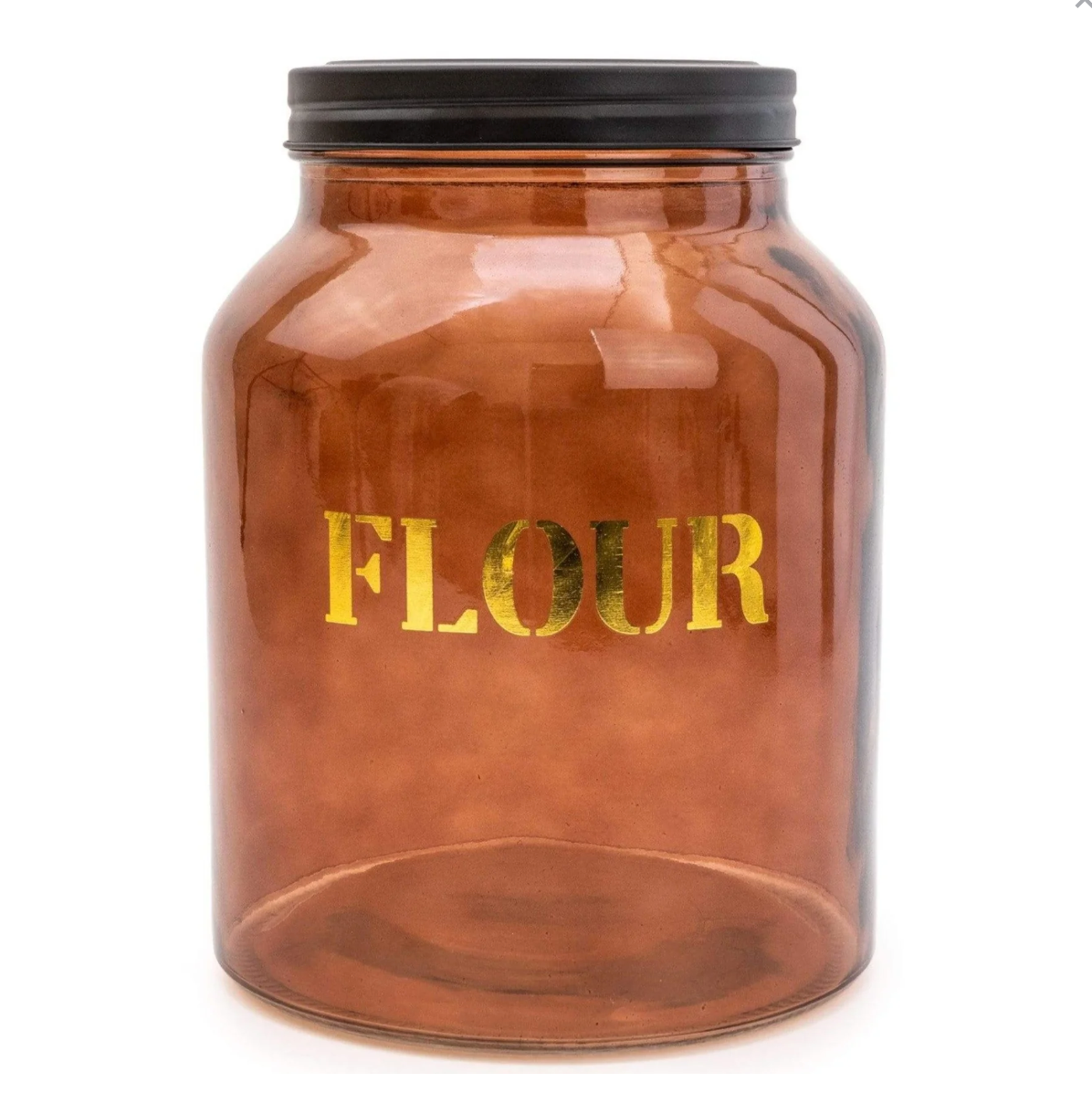 Vintage Amber Gold Glass Storage Jar 'FLOUR' 21cm