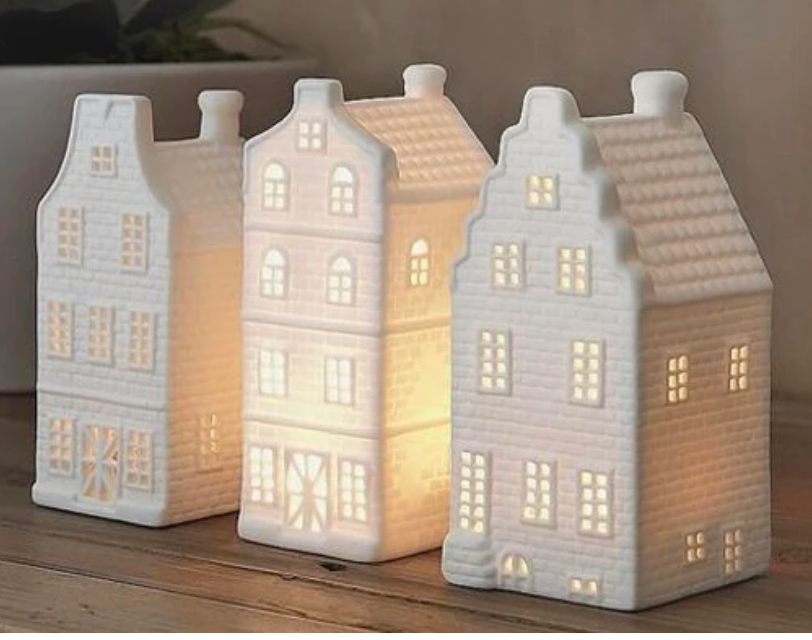 Set of 3 Porcelain House Tea Light Holders - White