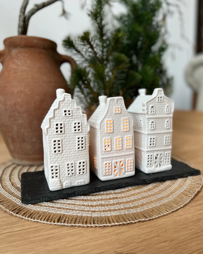 Set of 3 Porcelain House Tea Light Holders - White