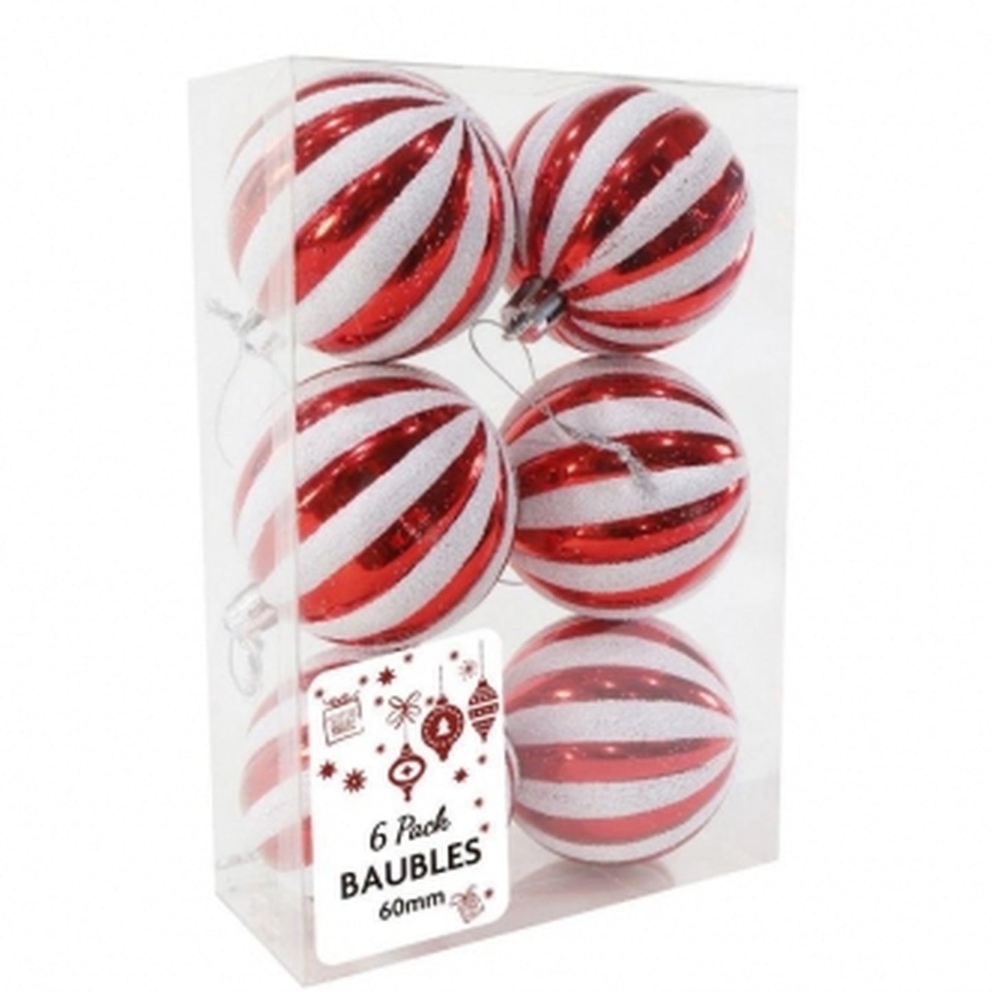 Ribbed Baubles Candy Lane 6 pack - Red