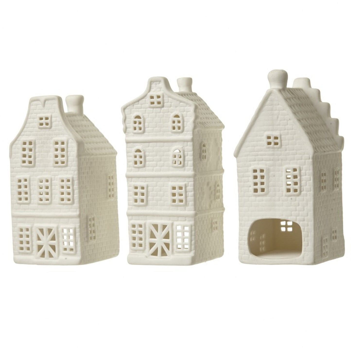 Set of 3 Porcelain House Tea Light Holders - White