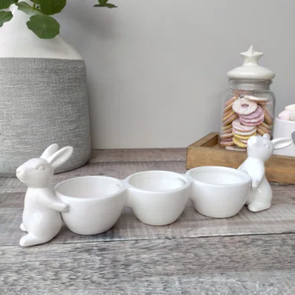 White Ceramic Triple Bunny Bowl Easter