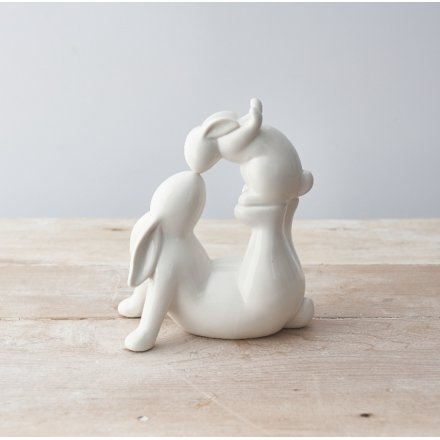 Ceramic White Sitting Kissing Bunny Spring Easter